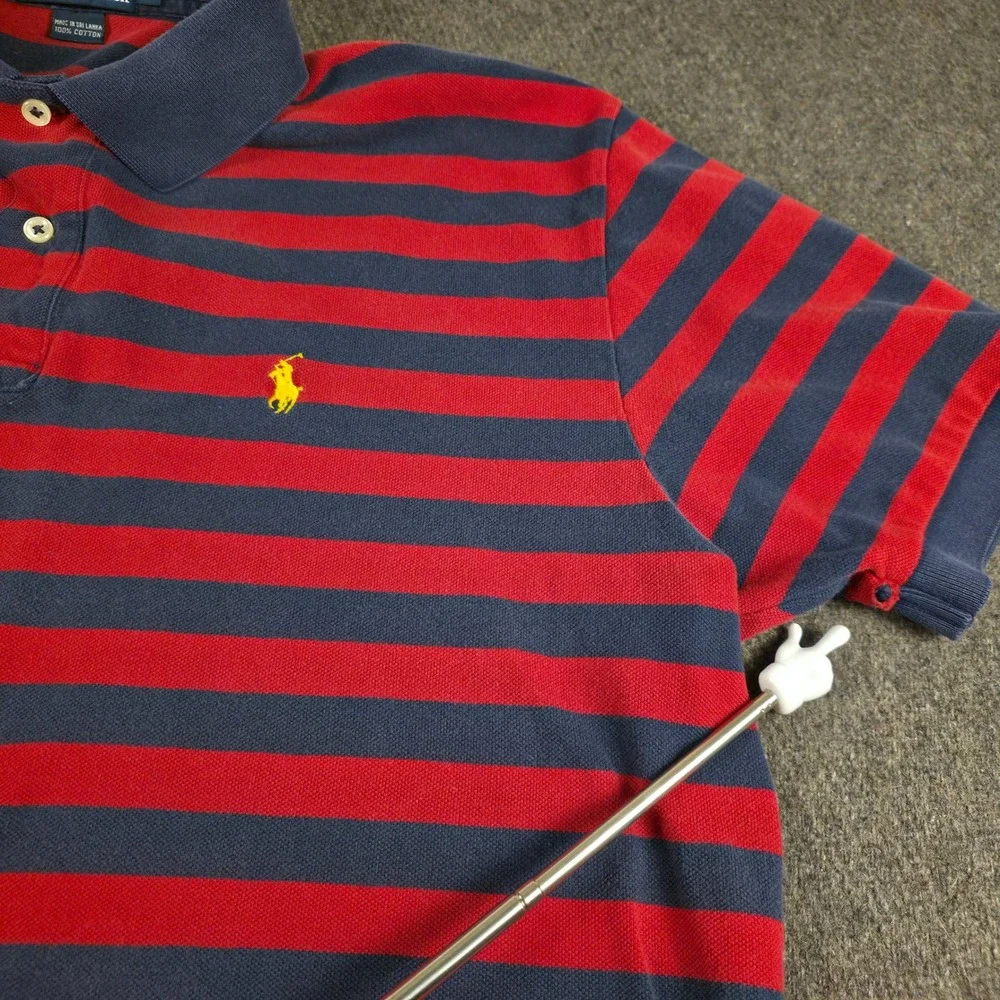 VTG Polo Ralph Lauren Polo Shirt Mens XL Navy Red Striped Pony Classic Fit Pique